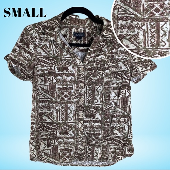 Small Brown Tribal Erika Button Up Short Sleeve Top - Picture 1 of 8